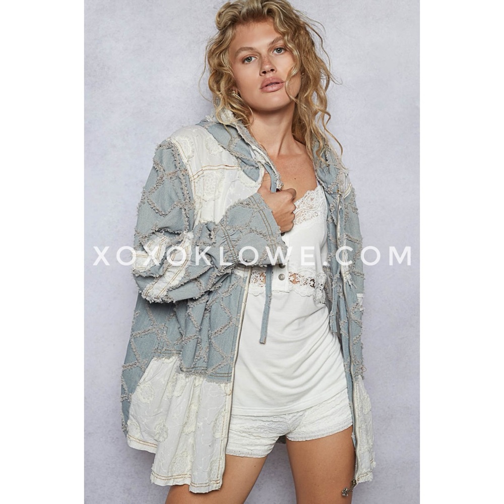 POL Patchwork Denim Hoodie | Zip Up Ruffle Tiered Boho Jacket